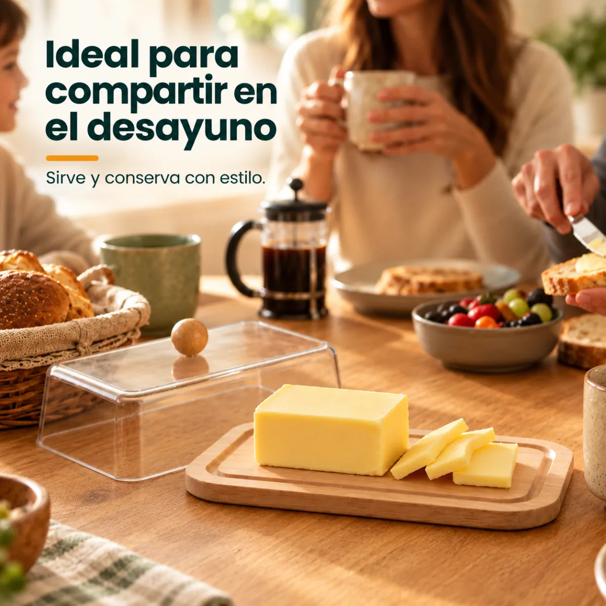 Recipiente para mantequilla con tapa y base de bambú utilizado para acompañar el desayuno