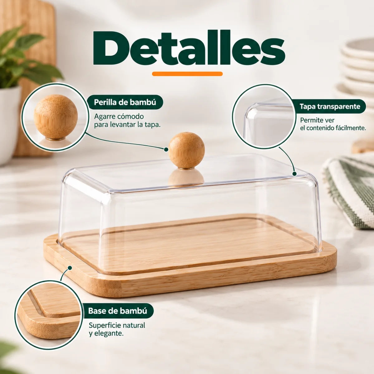 Mantequillera con tapa transparente, base de bambú y diseño práctico para mesa y cocina
