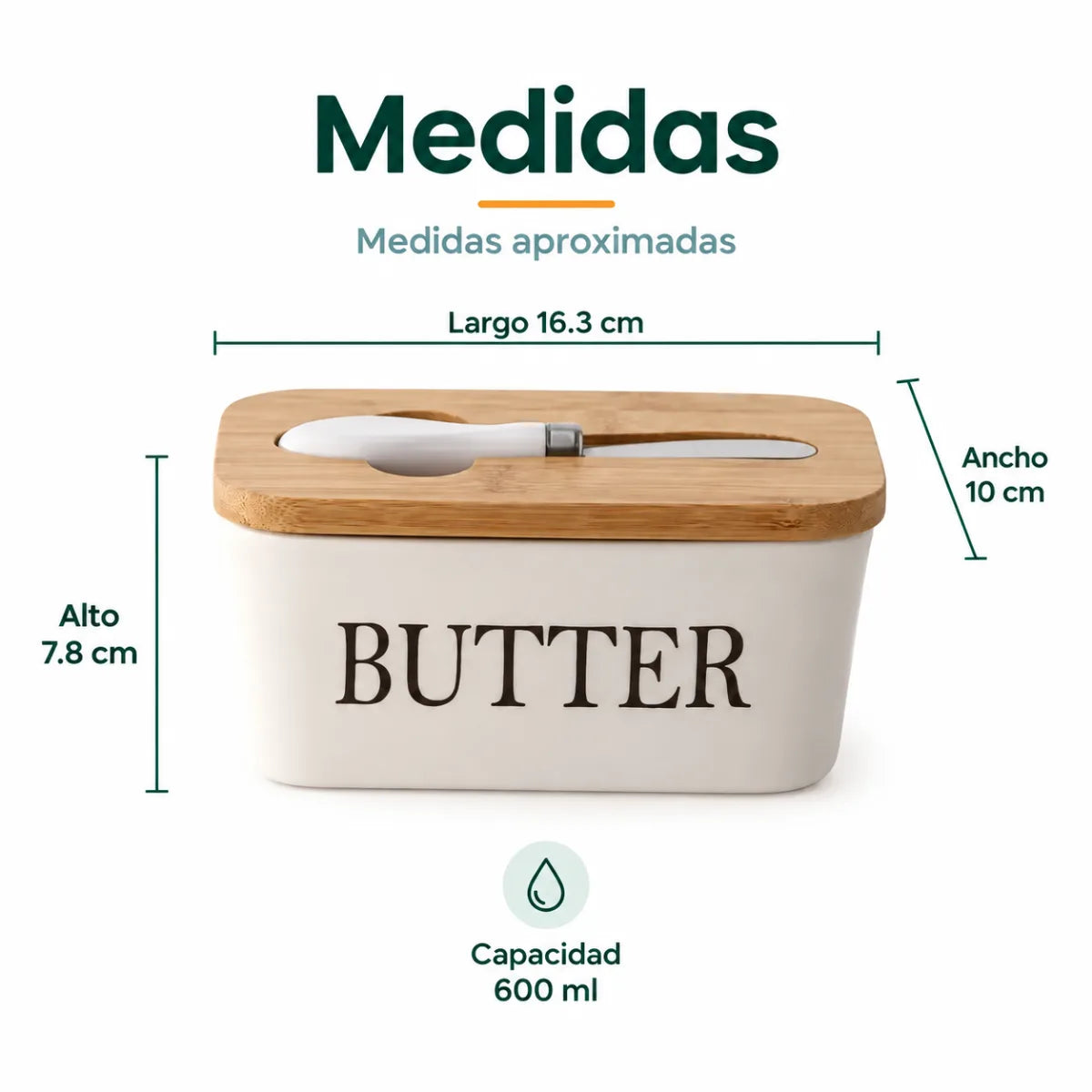 Medidas de la mantequillera con tapa de bambú, recipiente blanco y cuchillo incluido