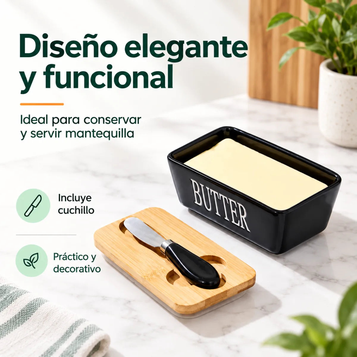 Mantequillera decorativa con recipiente blanco, tapa de bambú y cuchillo incluido
