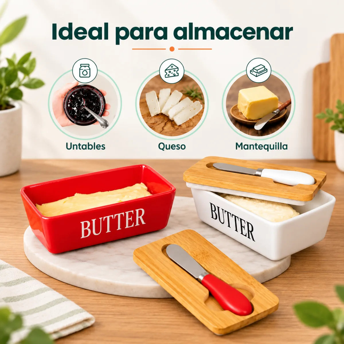 Recipiente para mantequilla con tapa de bambú para conservarla y mantenerla organizada en la cocina