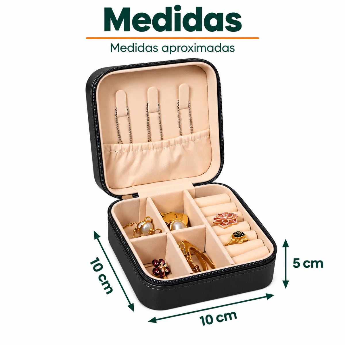 Medidas del joyero portátil con compartimentos y diseño compacto para viaje