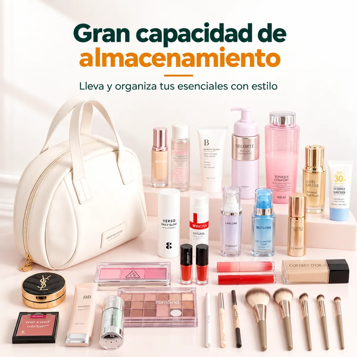 Organizador de maquillaje con compartimentos para cosméticos, brochas y accesorios de belleza