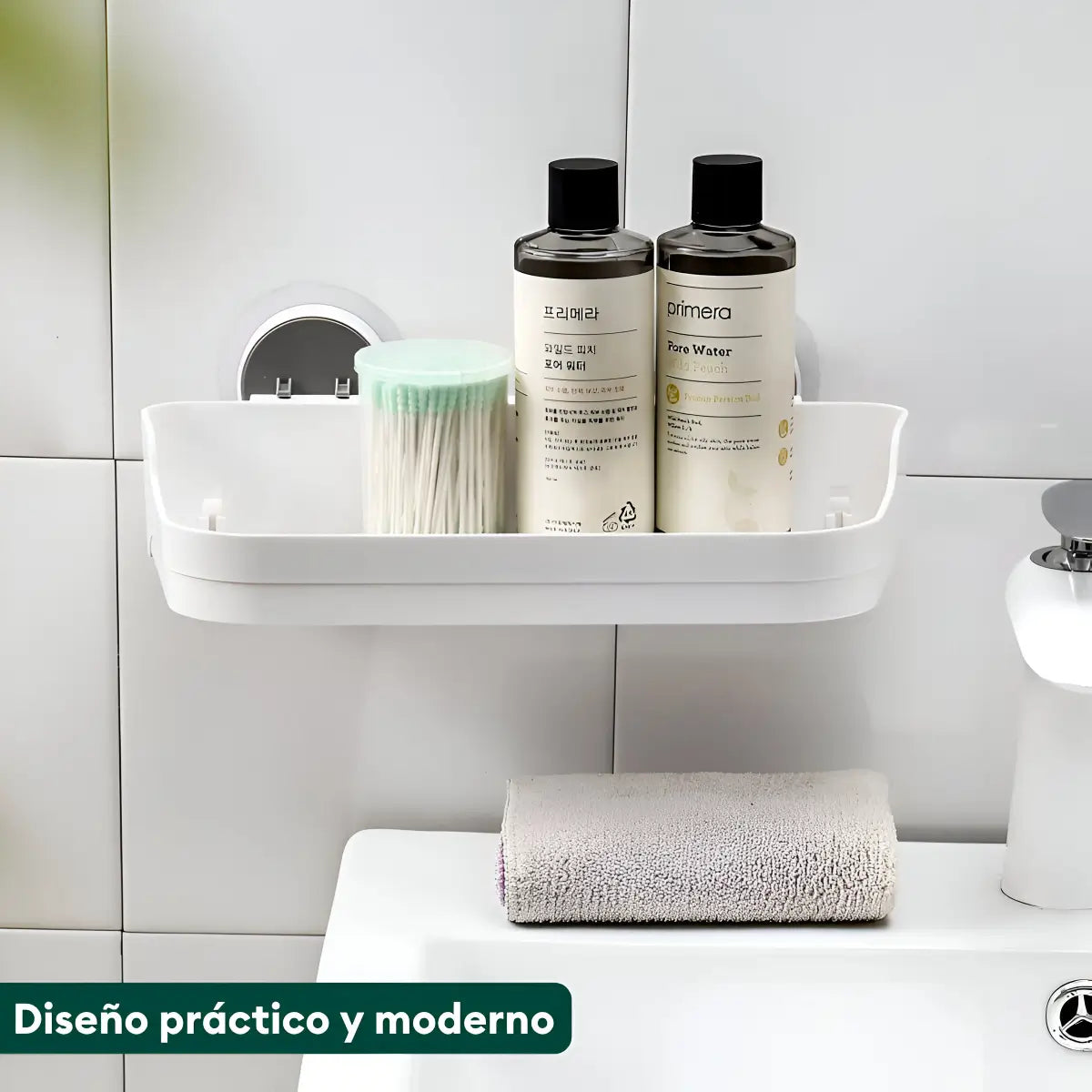 Repisa para baño en uso con accesorios y jabones