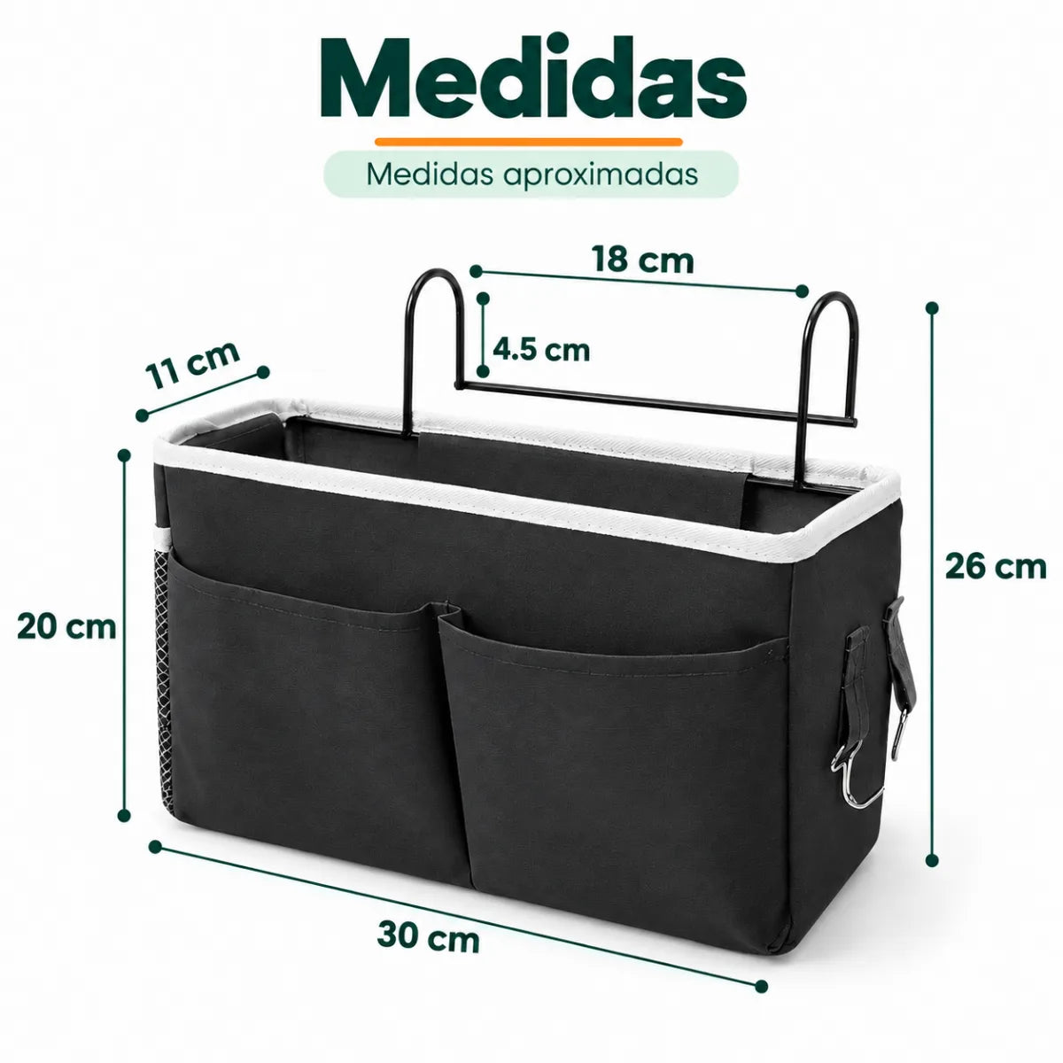 Medidas del organizador lateral de cama con múltiples bolsillos y diseño compacto