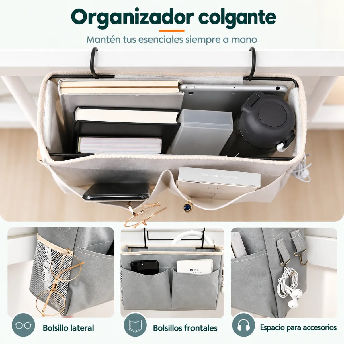 Organizador de cama con compartimentos grandes y bolsillos frontales para ordenar objetos de uso diario
