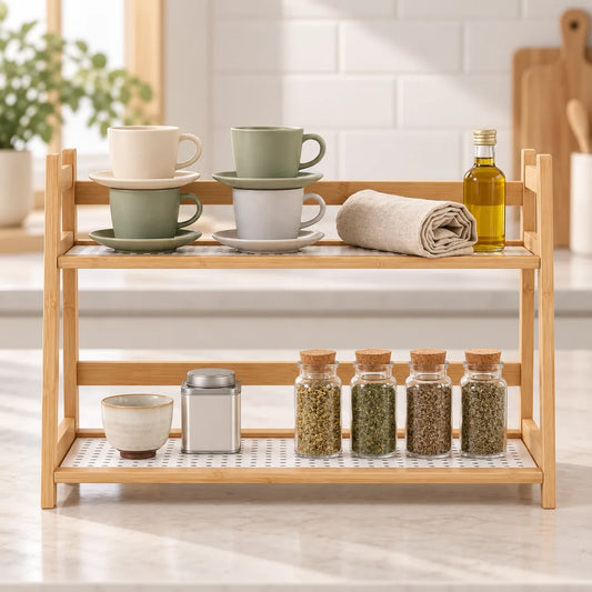 Estante organizador de bambú de 3 niveles para guardar tazas, frascos y utensilios en la cocina