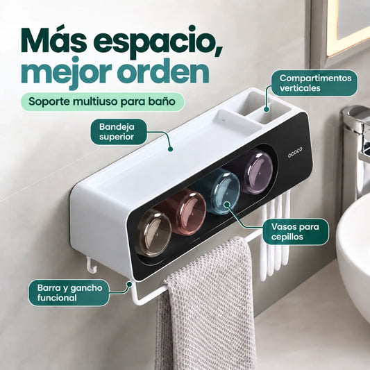 Organizador de baño con repisa y portavasos para mantener los accesorios ordenados y ahorrar espacio
