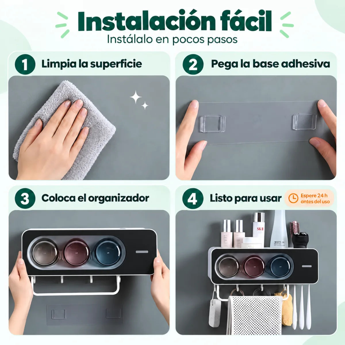 Organizador de baño de pared con instalación adhesiva fácil y sin perforar
