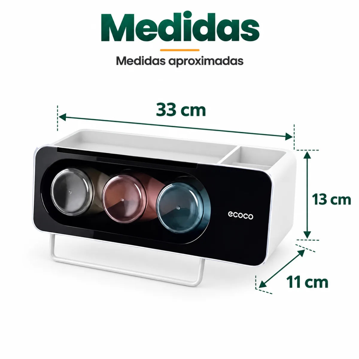 Organizador de baño con portavasos de aproximadamente 33 cm de ancho