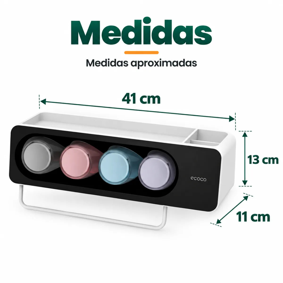 Organizador de baño compacto con portavasos y diseño de pared ahorrador de espacio