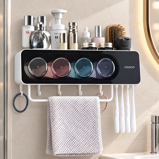 Organizador de baño de pared con portavasos, repisa superior y barra para toalla