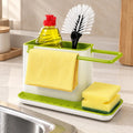 Organizador de fregadero con porta esponja, soporte para detergente y barra para paño de cocina