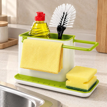 Organizador de fregadero con porta esponja, soporte para detergente y barra para paño de cocina