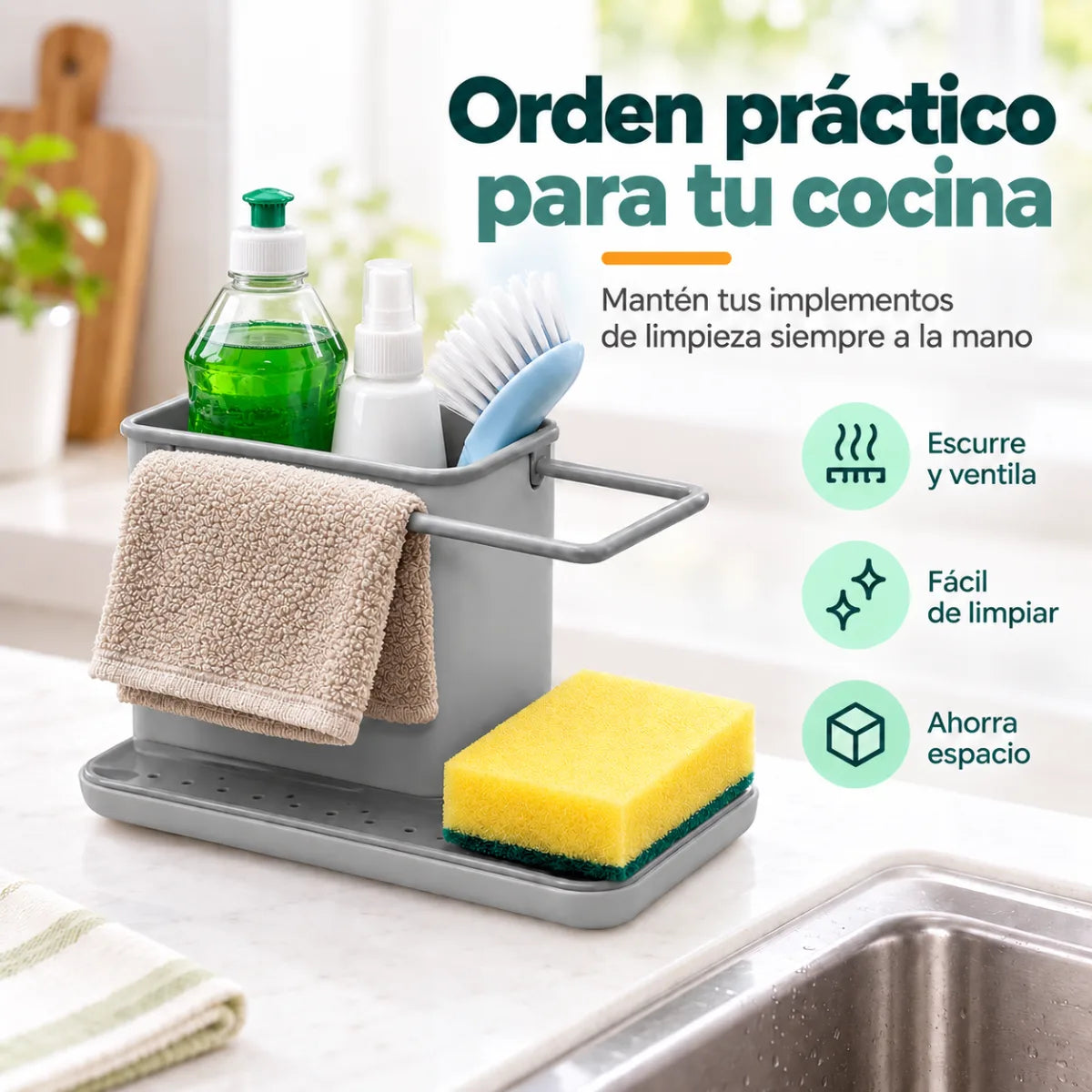 Organizador de cocina para lavadero con compartimentos para detergente, cepillos y esponjas