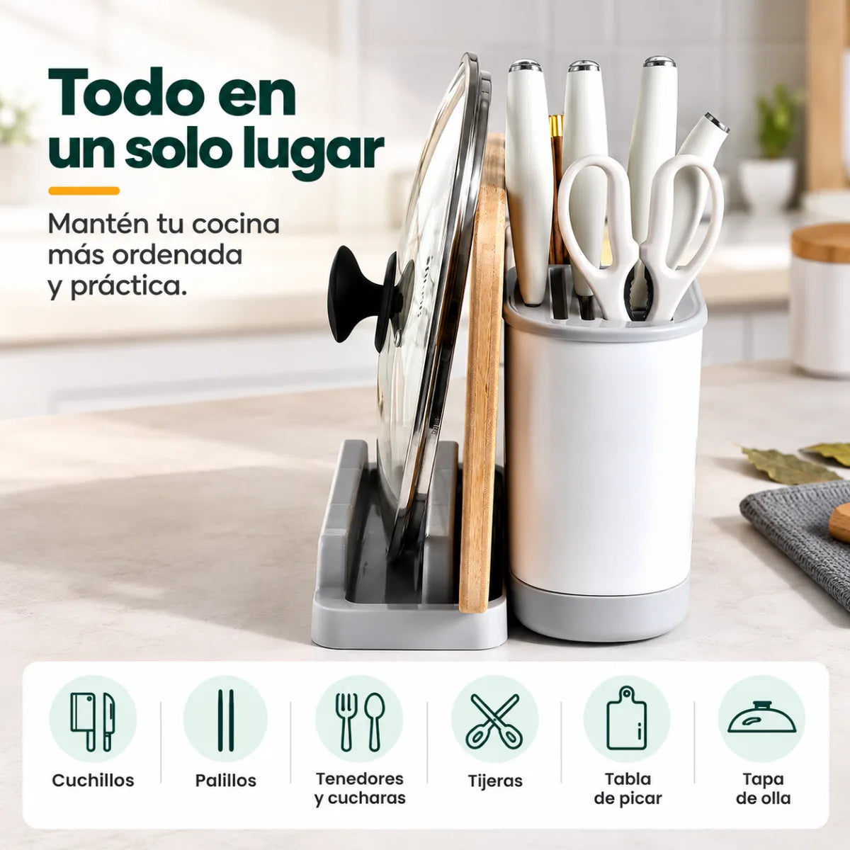 Organizador de cocina multifuncional para guardar cuchillos, utensilios, tabla de picar y accesorios