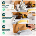 Organizador de utensilios de cocina con espacios separados para cuchillos, cucharas y tabla de picar