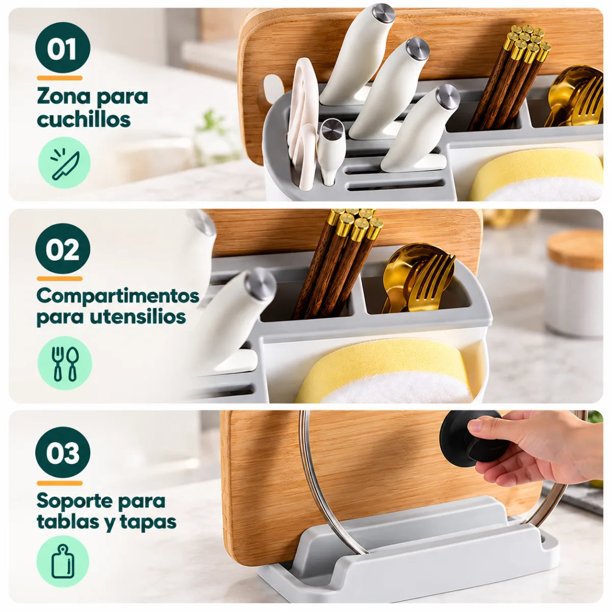 Organizador de utensilios de cocina con espacios separados para cuchillos, cucharas y tabla de picar