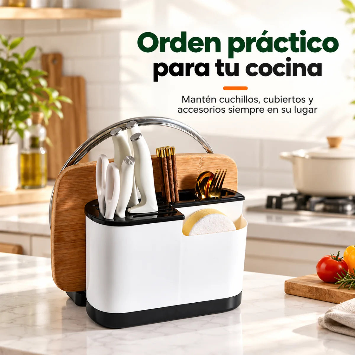 Organizador de cocina con soporte para cuchillos, cubiertos y tabla de picar