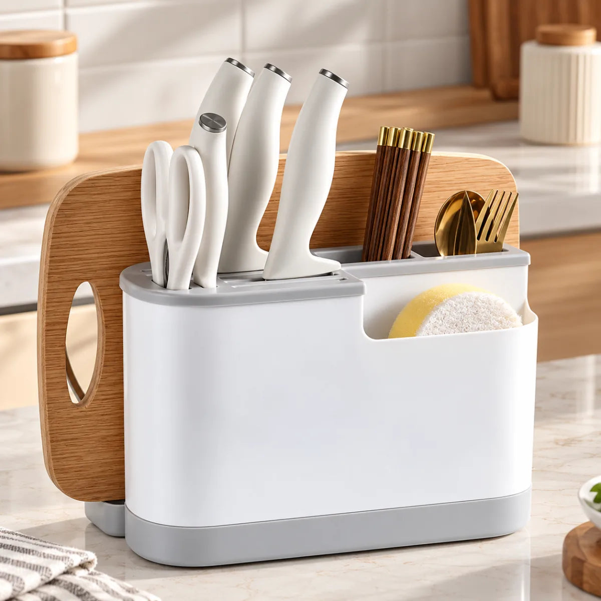 Organizador de cuchillos y utensilios de cocina con espacio para tabla de picar, cubiertos y esponja