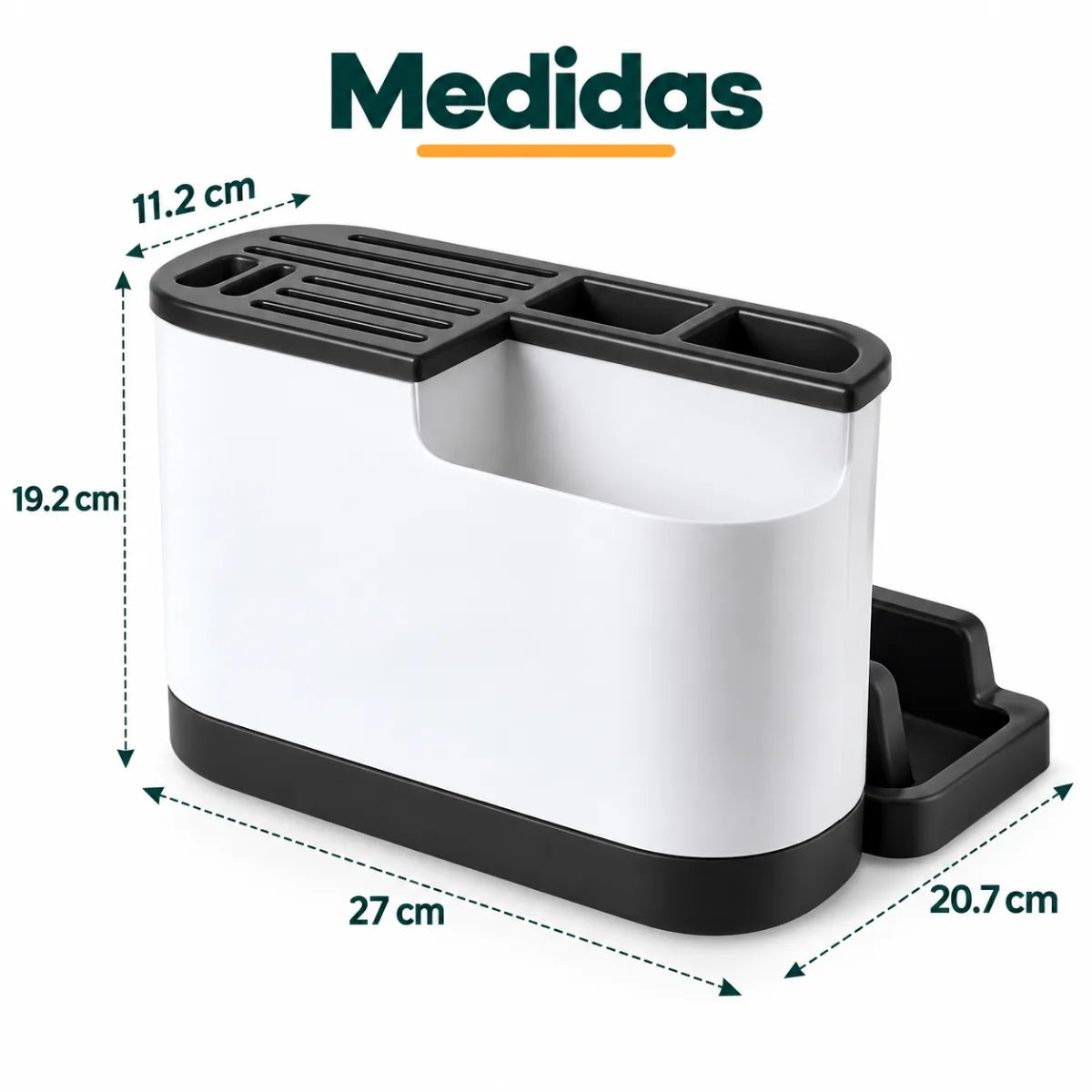 Medidas del organizador de cuchillos y utensilios de cocina con compartimentos y base compacta