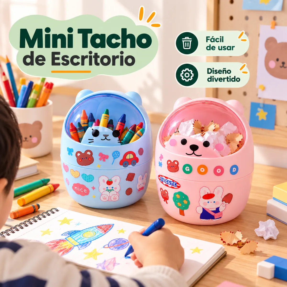 Mini tacho de escritorio decorativo disponible en varios diseños y colores infantiles