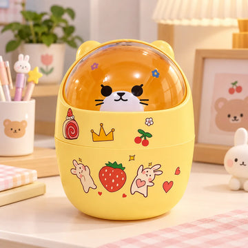 Mini tacho de escritorio con diseño infantil, tapa transparente y decoración colorida