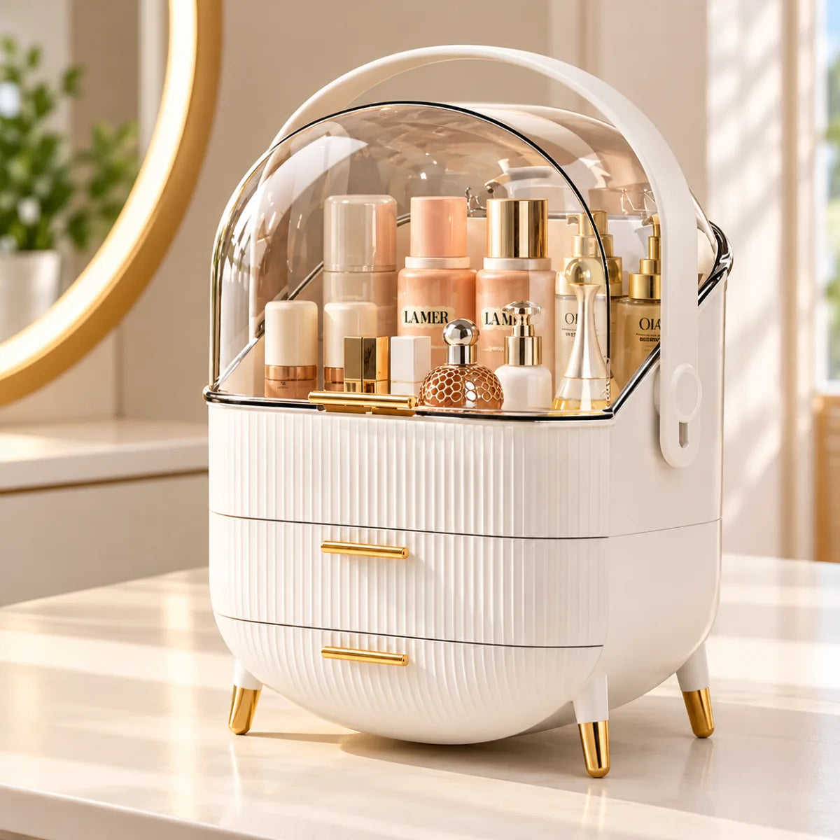 Organizador de maquillaje con tapa transparente, cajones y asa para guardar cosméticos y accesorios