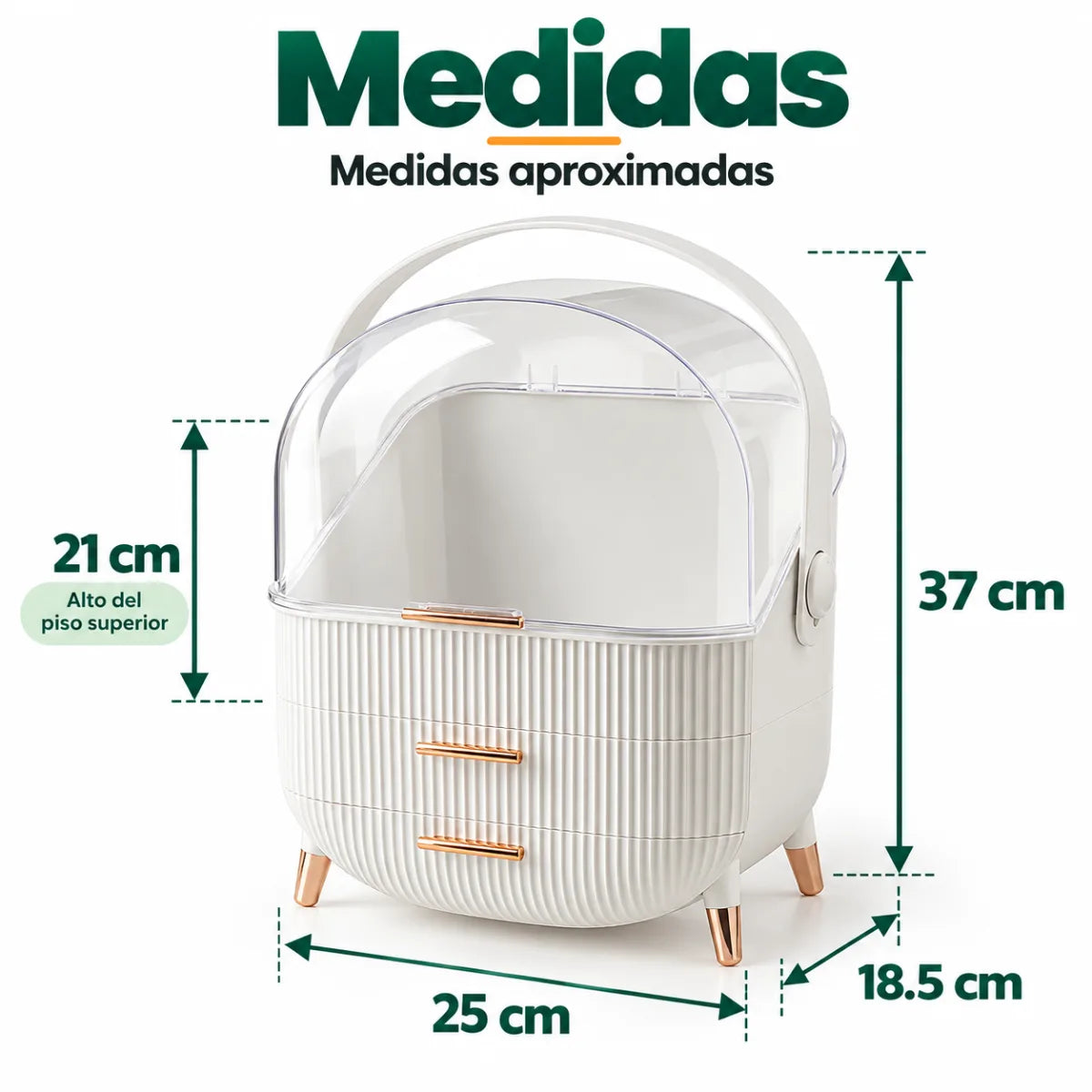 Organizador de maquillaje con tapa transparente de aproximadamente 37 cm de alto, 25 cm de ancho y 18.5 cm de fondo