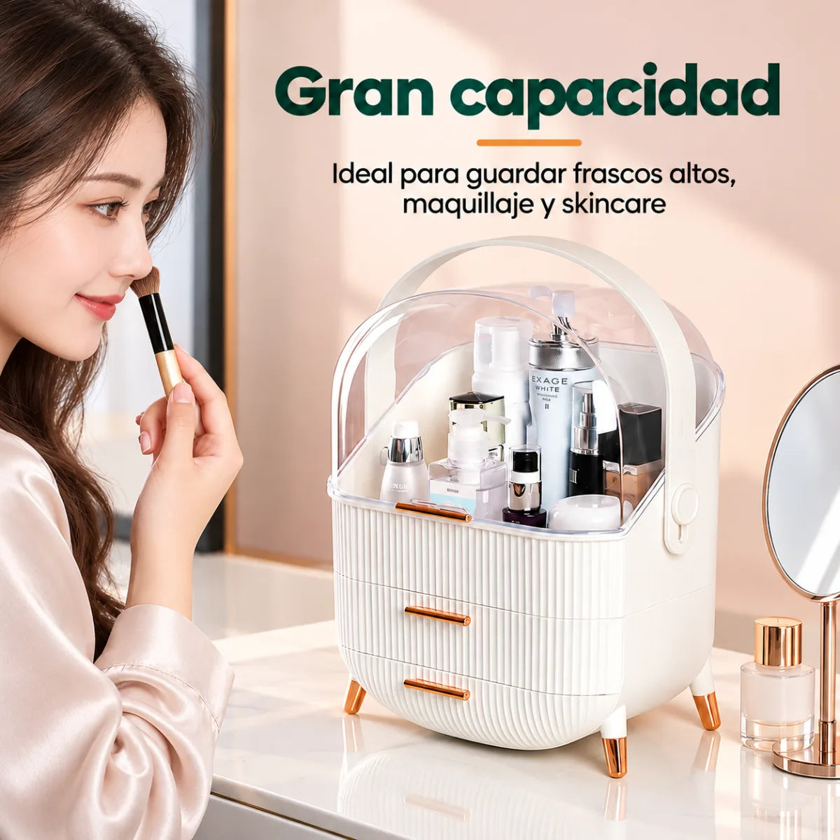 Organizador de maquillaje de gran capacidad con espacio para brochas, frascos, cremas y accesorios