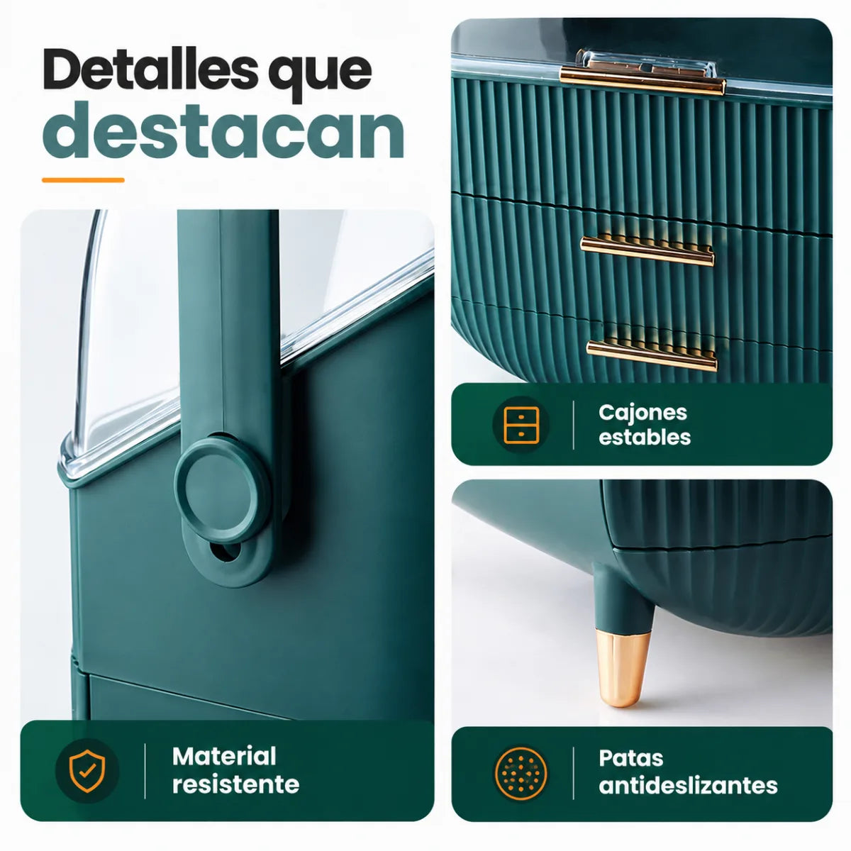 Organizador de maquillaje con cajones, asa superior y compartimentos para cosméticos y accesorios