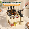 Porta cuchillos con compartimentos para mantener cuchillos, frascos y utensilios ordenados