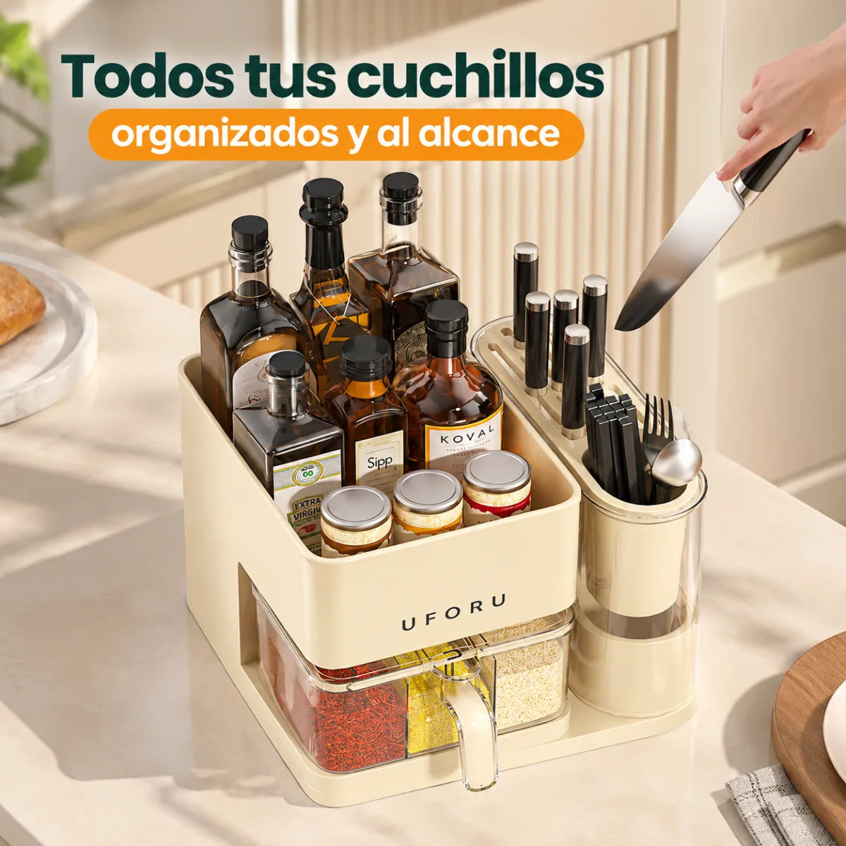 Porta cuchillos con compartimentos para mantener cuchillos, frascos y utensilios ordenados