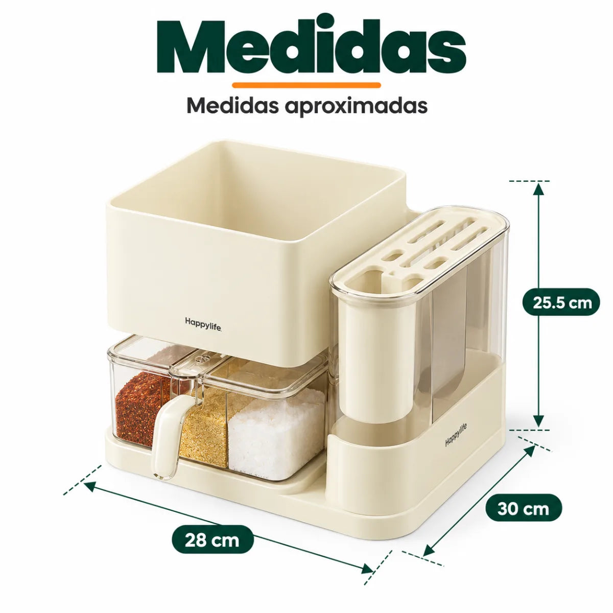 Medidas del organizador de cuchillos y condimentos 4 en 1 con diseño compacto para cocina
