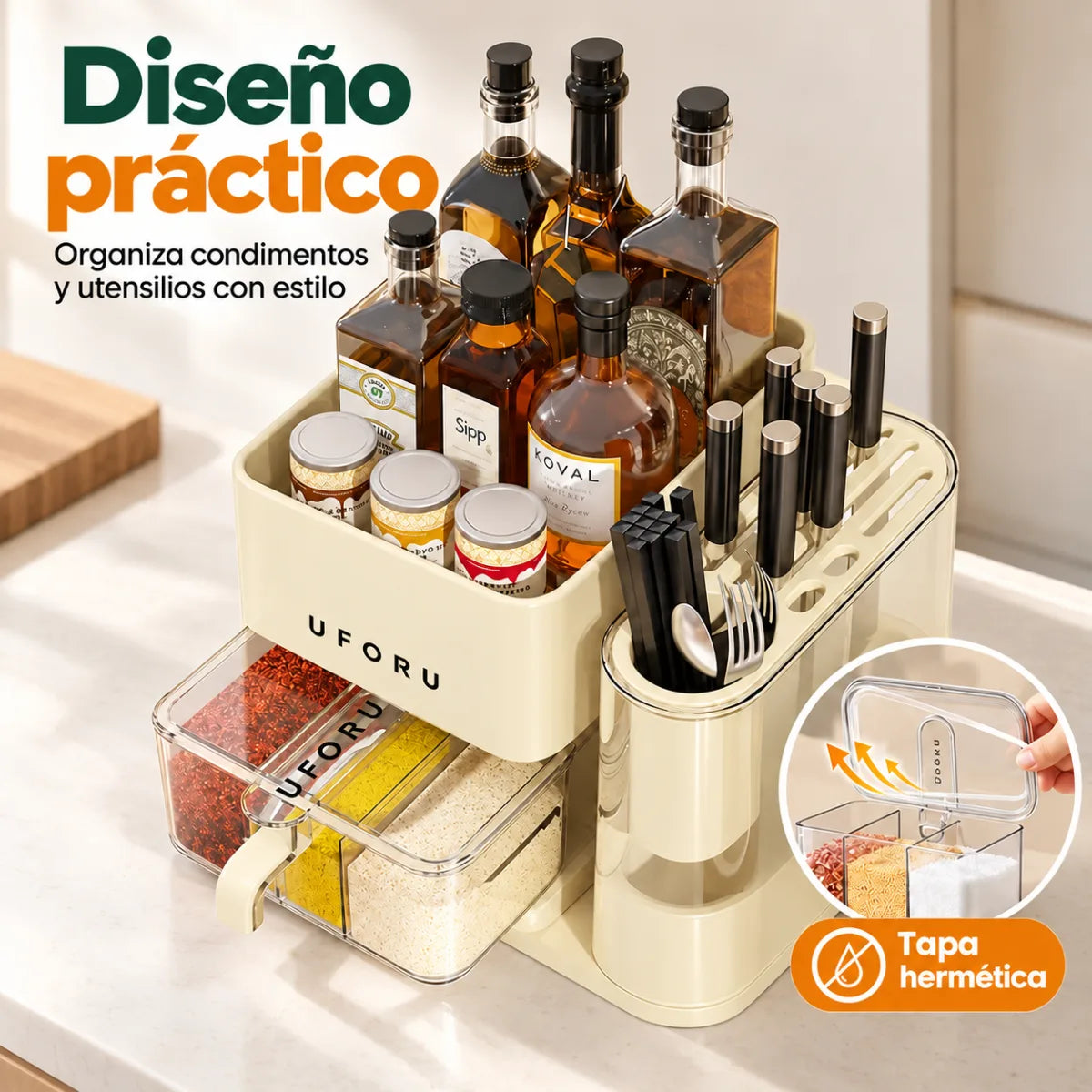 Organizador de cuchillos y especias con compartimentos de fácil acceso y base compacta