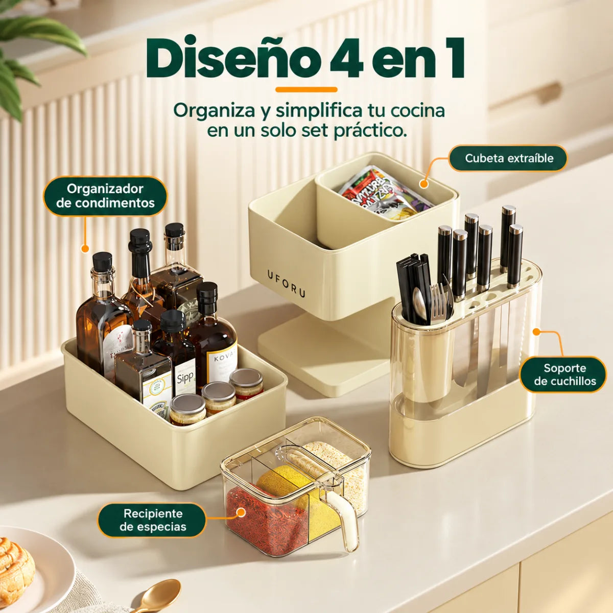 Organizador de cocina 4 en 1 con porta cuchillos, porta utensilios, espacio para condimentos y cajón