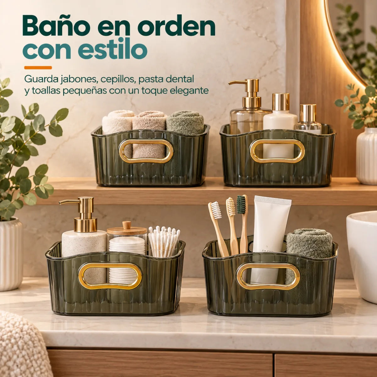 Canasta organizadora para baño con espacio para perfumes, cremas y accesorios de cuidado personal