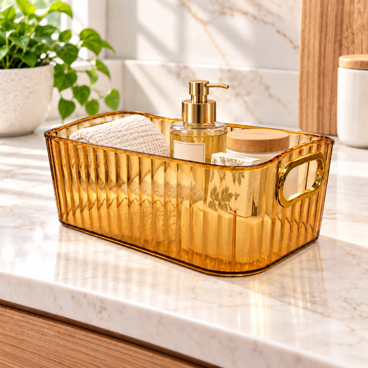 Organizador multiuso para baño con asas laterales para guardar cosméticos y productos de higiene