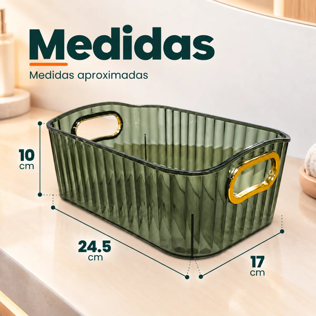 Medidas del organizador multiuso para baño con diseño rectangular y asas laterales