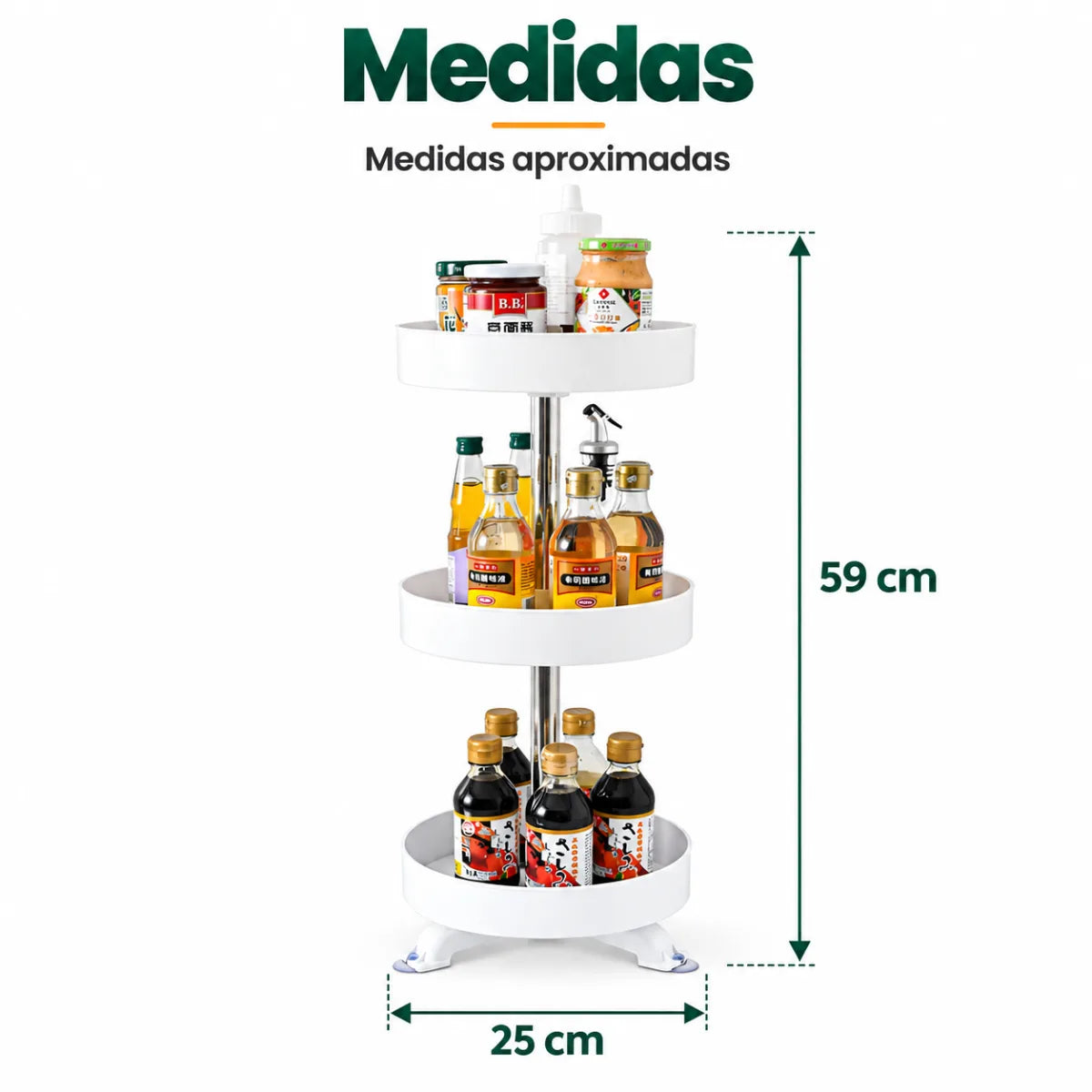 Organizador giratorio de especias de 3 niveles de aproximadamente 59 cm de alto y 25 cm de ancho