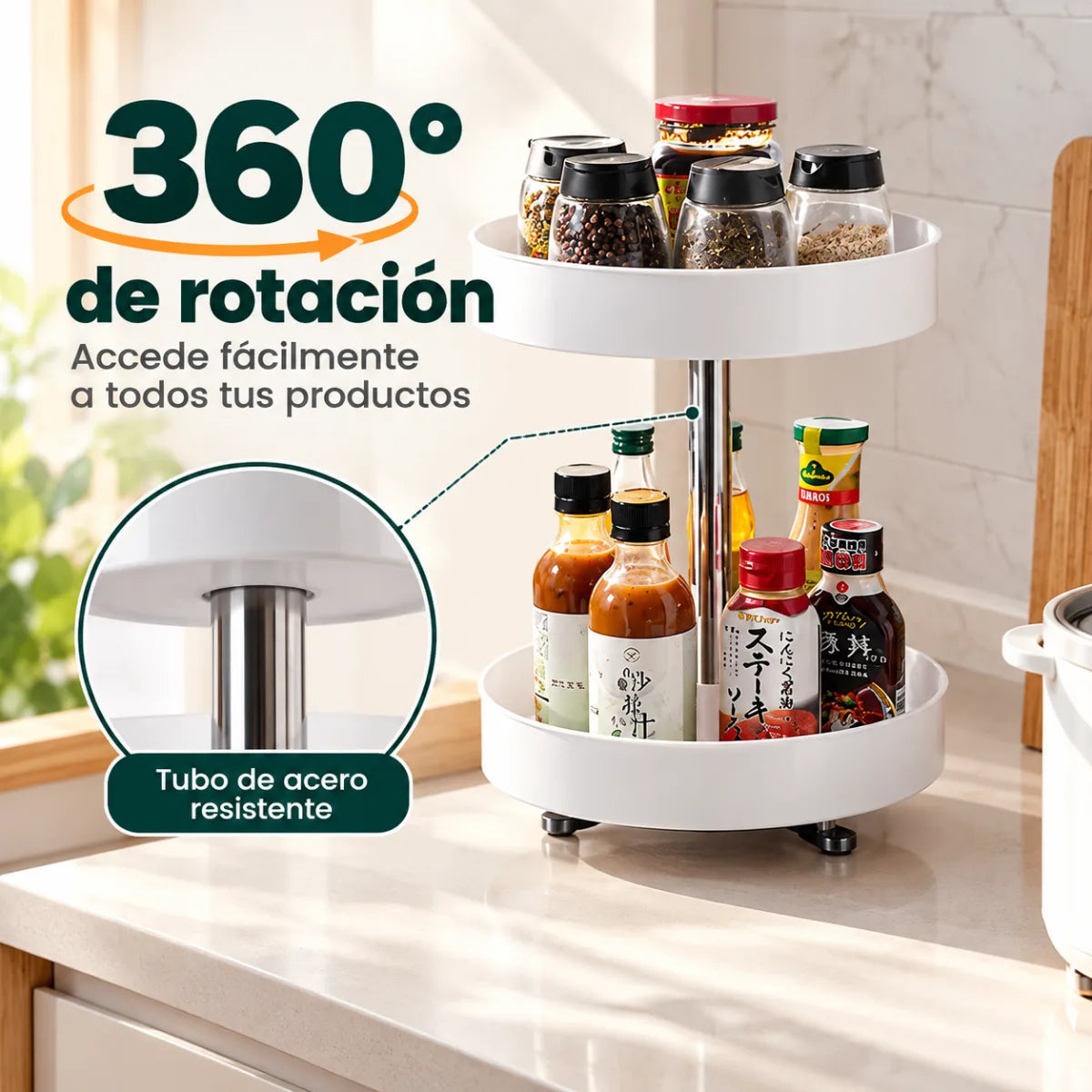 Organizador de especias con rotación 360 grados para acceder fácilmente a frascos y condimentos