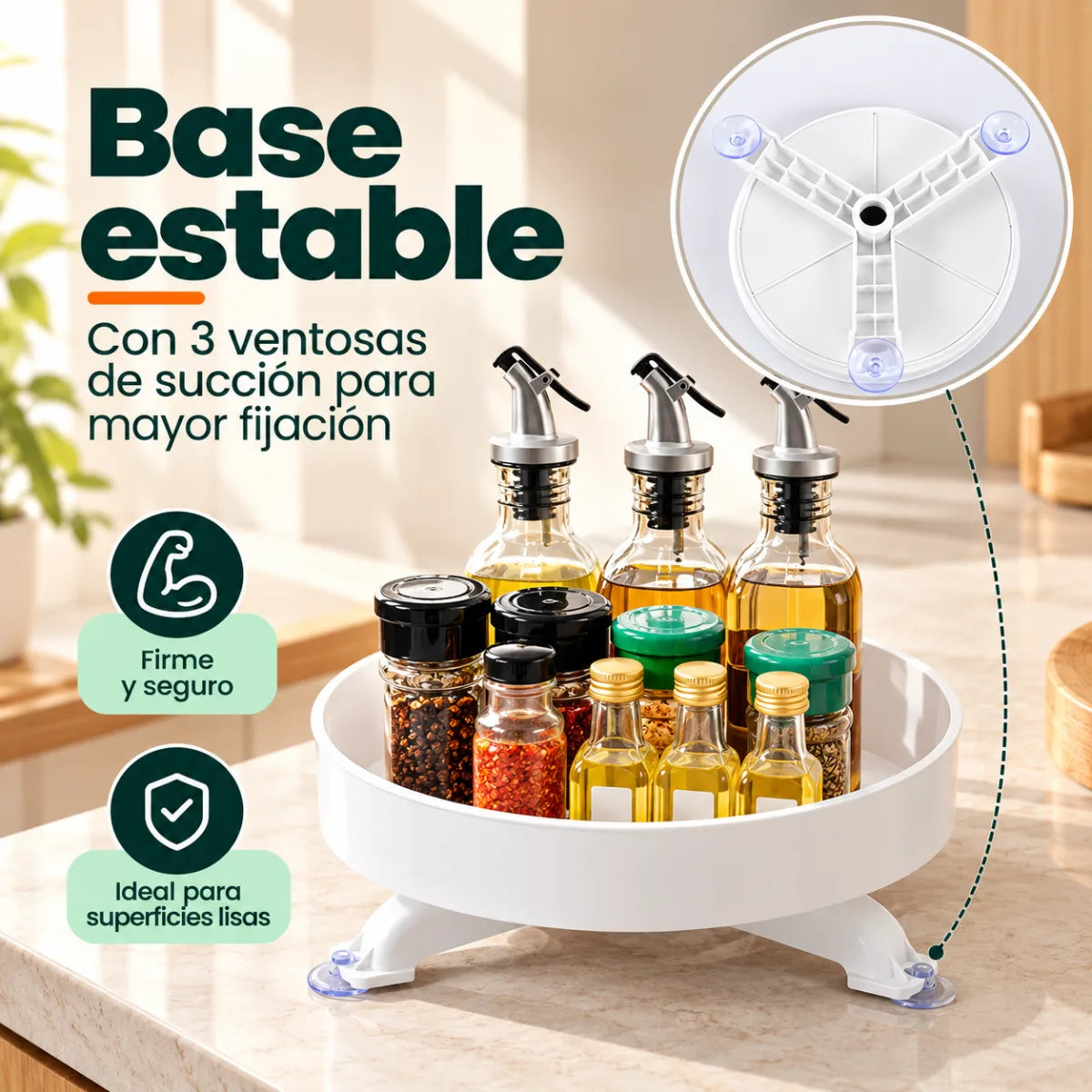 Organizador giratorio de cocina con base estable y ruedas para moverlo fácilmente