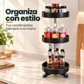 Especiero giratorio de 3 niveles para mantener condimentos y botellas ordenados en la cocina
