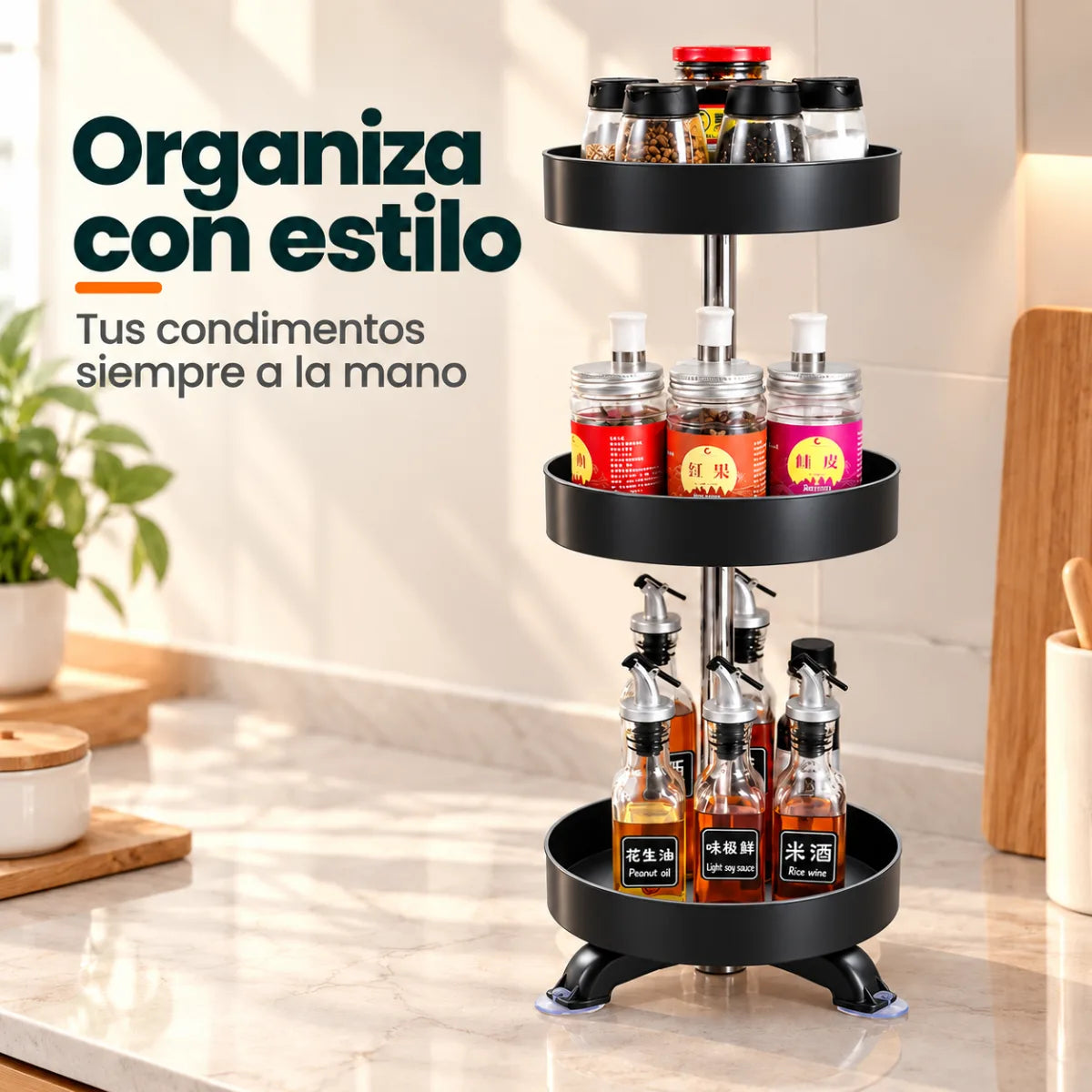 Especiero giratorio de 3 niveles para mantener condimentos y botellas ordenados en la cocina