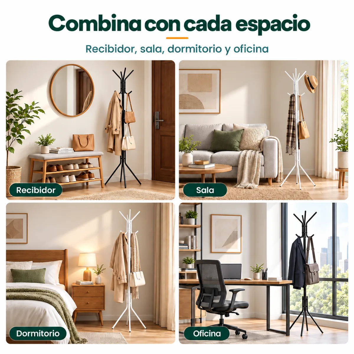 Perchero multifuncional de pie para organizar prendas y accesorios en sala, dormitorio o recibidor