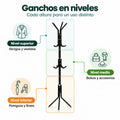 Perchero de pie con ganchos distribuidos en diferentes niveles para organizar ropa y accesorios