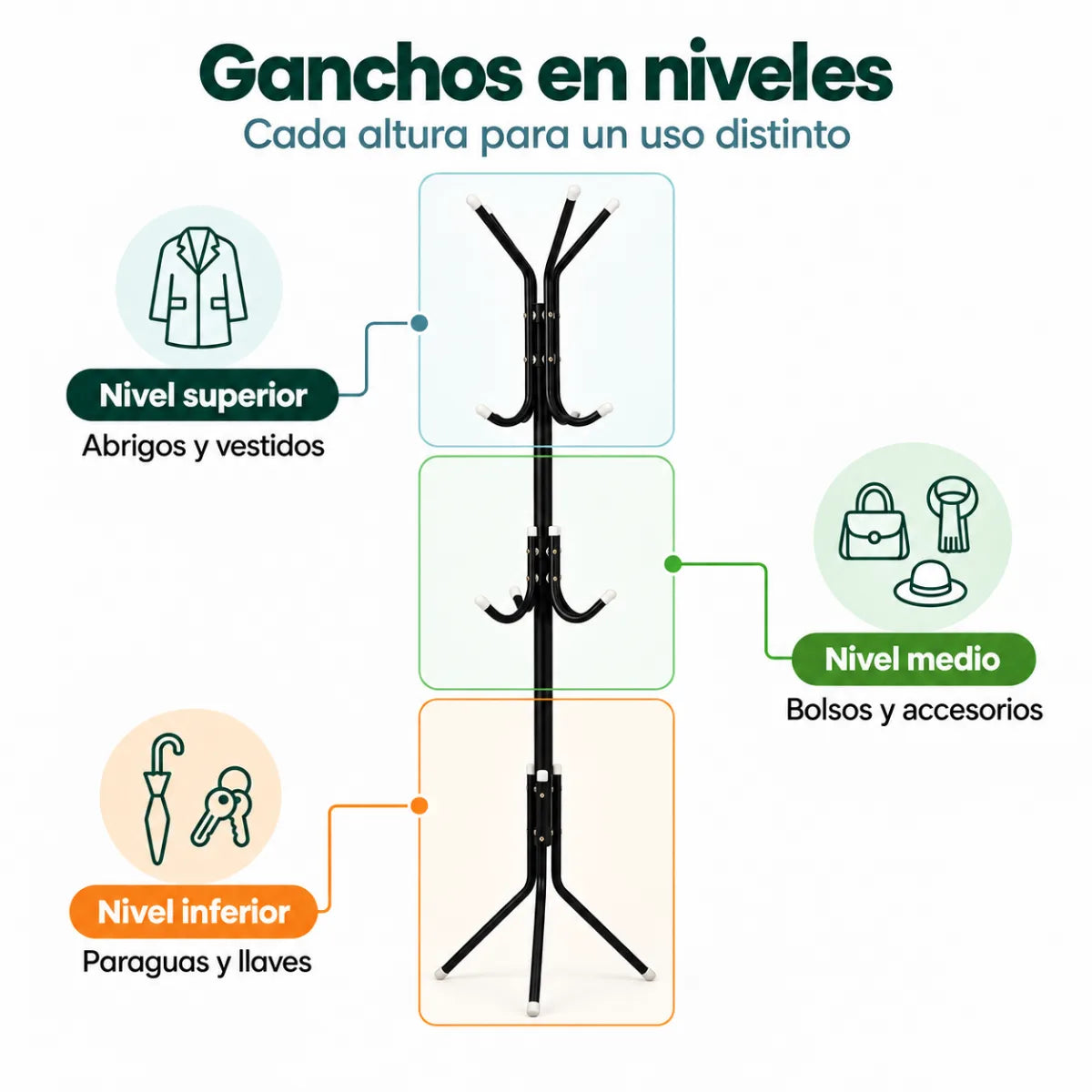 Perchero de pie con ganchos distribuidos en diferentes niveles para organizar ropa y accesorios