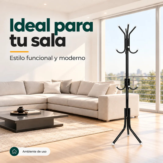 Perchero de piso con ganchos para organizar chaquetas, carteras y prendas en la sala