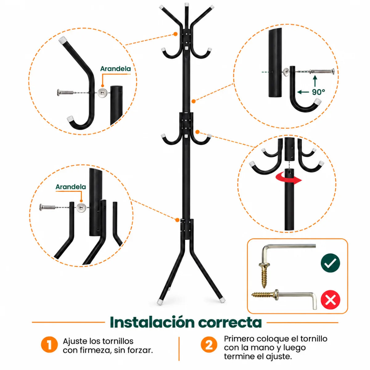 Perchero de pie con estructura desmontable y sistema de armado sencillo