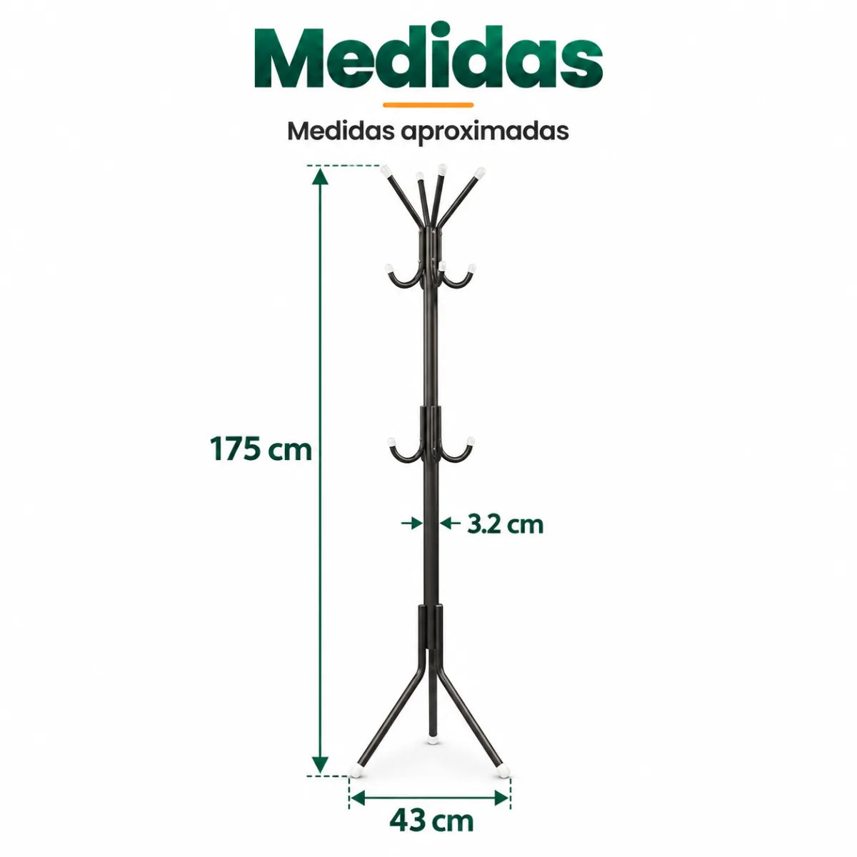 Perchero de pie de 175 cm de alto y base de 43 cm de ancho